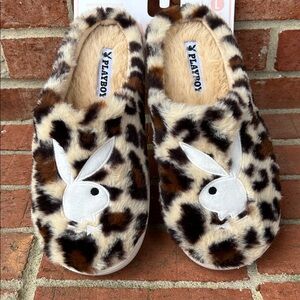 PLAYBOY Leopard Print Faux Fur Women’s Logo Bunny Slide Slippers